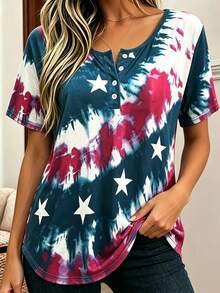 Plus Size T-shirt med amerikansk flagga och tie-dye-tryck för Independence Day, rund hals, korta ärmar, knappar fram, casual vardagsplagg för vår, sommar och semester - blågrön - Visa 5