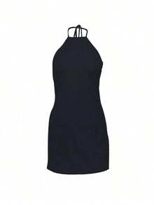 Vestido mini minimalista de mujer de unicolor, con cuello halter, para fiestas y viajes - Negro - Ver 5