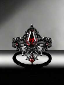 ZHIXUN 2pcs Dark Gothic Red Bat Hollow Out Design Ring,With Red Synthetic Zirconia, Suitable For Daily Dressing,Halloween,Party Clothing Decoration Jewelry - Ring - View 8