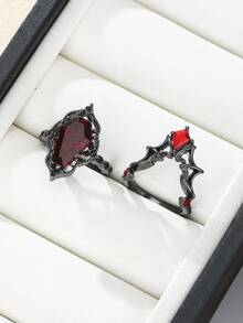 ZHIXUN 2pcs Dark Gothic Red Bat Hollow Out Design Ring,With Red Synthetic Zirconia, Suitable For Daily Dressing,Halloween,Party Clothing Decoration Jewelry - Ring - View 5