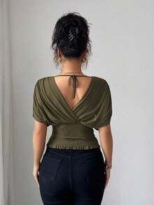 Elenzya Women's Blouse With Bell Sleeves, Gathered Shoulders, Drawstring Waist And Ruffled Hem, Stretch Mesh With Knit Lining, Elegant For Vacation, Beach, Travel And Casual Wear, In Romantic French Style - 軍綠色 - 查看 2