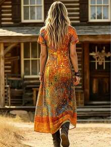 Vestido Casual de Manga Corta con Estampado y Cuello en V Estilo Western Vintage para Mujer, Elegante para Primavera/Verano y Vacaciones - Naranja - Ver 2