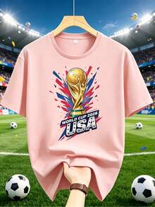 [FIFA World Cup Licensed]2026 FIFA World Cup Football Trophy Cityscape Print Men's Summer Mesh T-Shirt, Street Sports Style, Round Neck, Short Sleeves - 粉色 - 查看 7