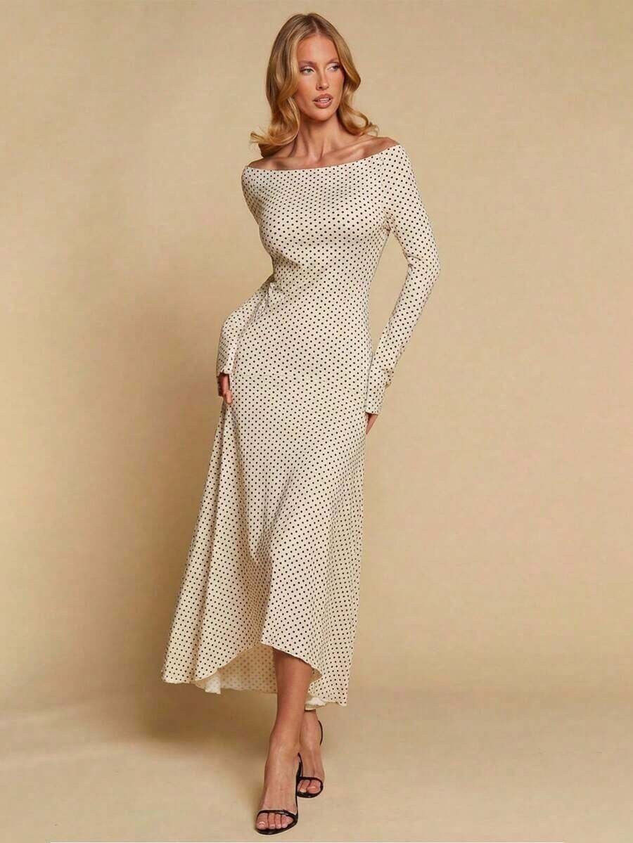 Vestido de mujer de cuello en V elegante, de manga larga, de unicolor, con dobladillo irregular, versátil para ir al trabajo, la oficina, salir, fiestas, bodas y la playa - Albaricoque - Ver 1
