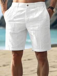 Pantalones cortos de playa de lino azul claro para hombre - Transpirables, de secado rápido, elegantes, casuales, de uso dual, diseño opaco de pierna recta, aptos para natación - Negro - Ver 3