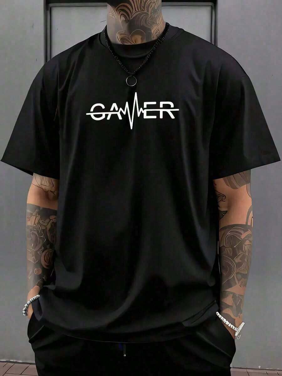 Women's Fashion Graphic Print Short Sleeve T-Shirt, Men's T-Shirts, Men's Stylish Shirt, Minimalist Style Sweatshirt, Men's Clothing, Comfortable, Soft And Simple Short Sleeve Top For Everyday Wear. - 黑色 - 查看 1