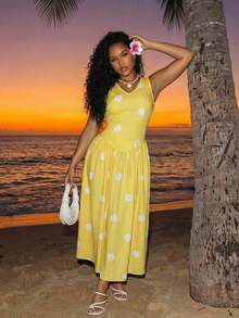 VaVaLuxe Vestido de verano 2026 de estilo retro francés elegante con lunares amarillos y blancos, cuello en V, sin mangas, cintura alta, plisado, para playa, té de la tarde, cita casual - Amarillo - Ver 4
