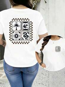 Plus Size Women's T-Shirt With Palm Tree And Flying Birds Print On Both Sides, Modern, Casual, Elegant, Chic, Sporty And Comfortable, With Round Neck And Short Sleeve, Y2K Style, Sportswear, Round Neck, 100% Cotton, Soft Fabric, Short Sleeve. - 白色 - 查看 7