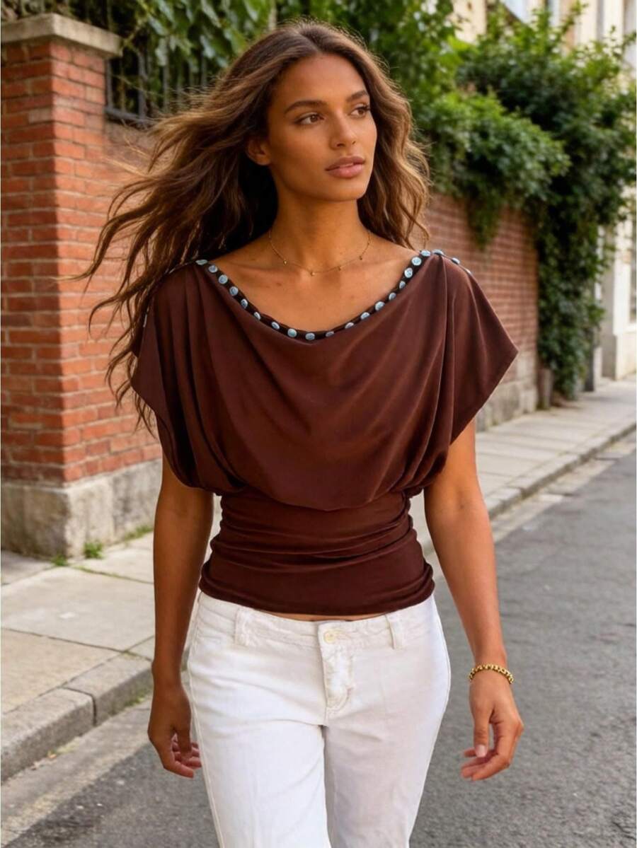 Button Up Top Off The Shoulde Tops For Women Button Design Slim Fit Waisted Crop Top Y2k Casual Blouses - Light Brown - View 1