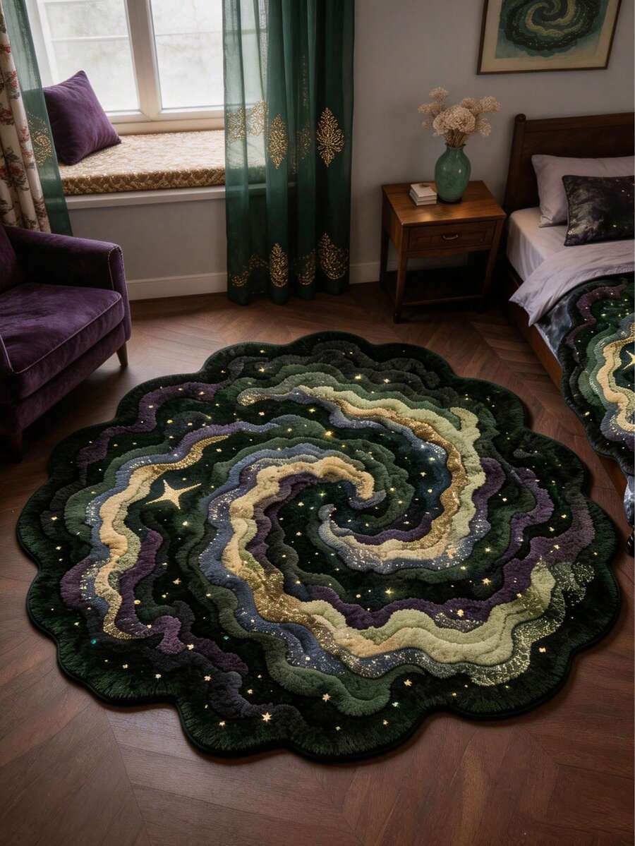 1 Stück asymmetrisch geformter, verstärkter Plüschteppich, dunkelgrünes Sternenhimmel-Muster, geeignet für Herbst/Winter, dekorativer Teppich für Schlafzimmer, Wohnzimmer, Heimdekoration, waschbar, Abschlussgeschenk - Dunkelgrün - Übersicht 1