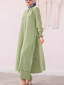 2 piezas Conjunto elegante verde fresco: Top de cárdigan de cuello redondo de unicolor y pantalones de cintura elástica, adecuado para fiesta en el jardín, ir al trabajo, trabajo, primavera/verano - Verde - Ver 2