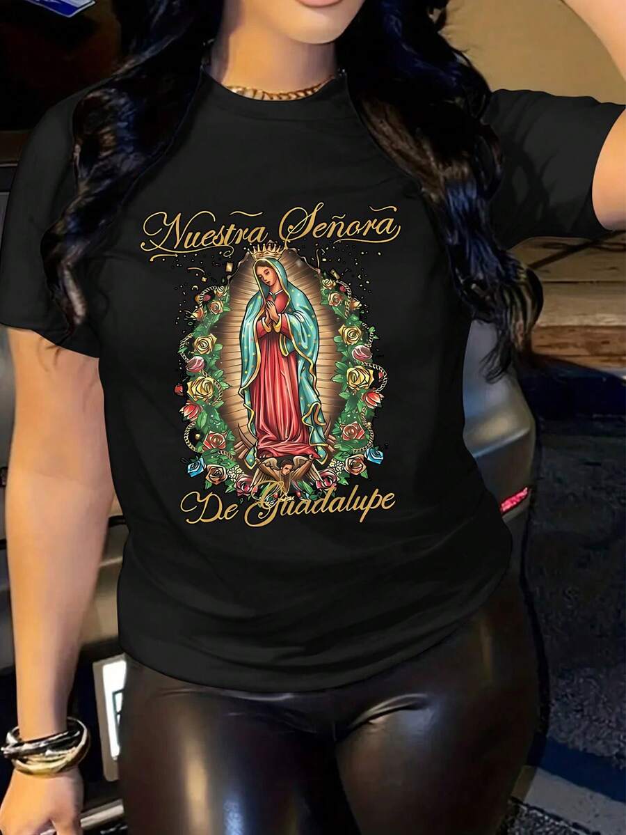 Women's T-Shirt With Christian Faith-Inspired Design - Our Lady Of Guadalupe Prayer Design, Soft Round Neck, Short Sleeve, Casual Style, Breathable And Comfortable For All Seasons, Suitable For Casual Wear And Religious Activities, Spanish Print "De Guadalupe", 100% Cotton - 黑色 - 查看 1