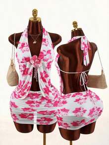 Vestido mini con estampado floral vintage 2026 con decoración de mariposa 3D y orquídea para mujeres - Rosa 2 - Ver 1