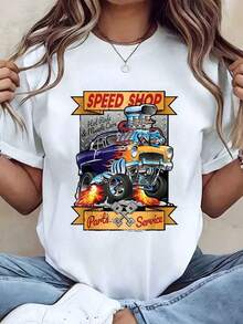 Women's T-Shirt With Speed Shop Graphic Print, Hot Rods And Sports Car Parts, Round Neck, Casual Summer Style, Gift, 220g, Oversized Blouse - 白色 - 查看 1