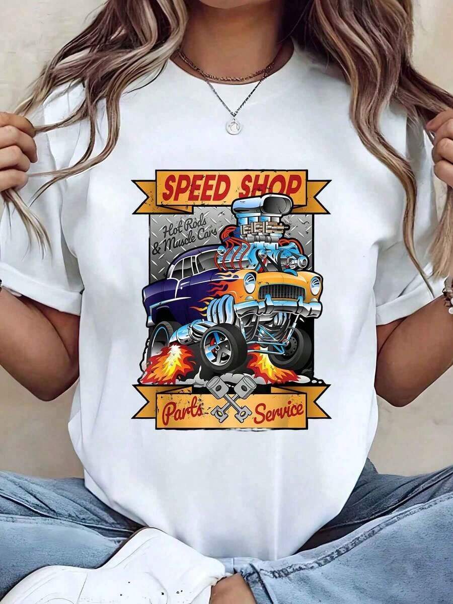 Women's T-Shirt With Speed Shop Graphic Print, Hot Rods And Sports Car Parts, Round Neck, Casual Summer Style, Gift, 220g, Oversized Blouse - 白色 - 查看 1