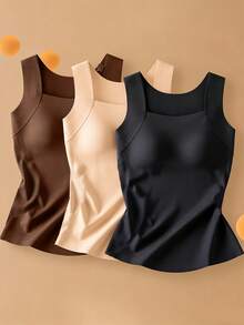 Set Of 3 Plus Size Women's Camisoles, Seamless Second Skin Tank Top As A Base Layer With Built-In Padding, Bra And Tank Top Two In One, Can Be Worn As A Layer Or Alone - 彩色 - 查看 4
