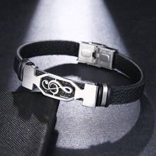 1pc Fashionable Stainless Steel & Leather Music Note Cuff Bracelet, Suitable For Men's Daily Wear - Black - View 5