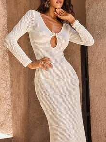 xheOpulessa 1 pieza Vestido de fiesta formal de punto de un solo color con cuello en V y manga larga con cola de pez para mujer, para vacaciones en otoño e invierno, boda, fiesta de cócteles y navidadxhe - Albaricoque - Ver 4