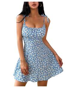 Women's Floral Print Tie Strap Mini Dress, Square Neck Ruched Bust A-Line Sundress, Casual Summer Beach Dress - 藍色小皺菊 - 查看 12