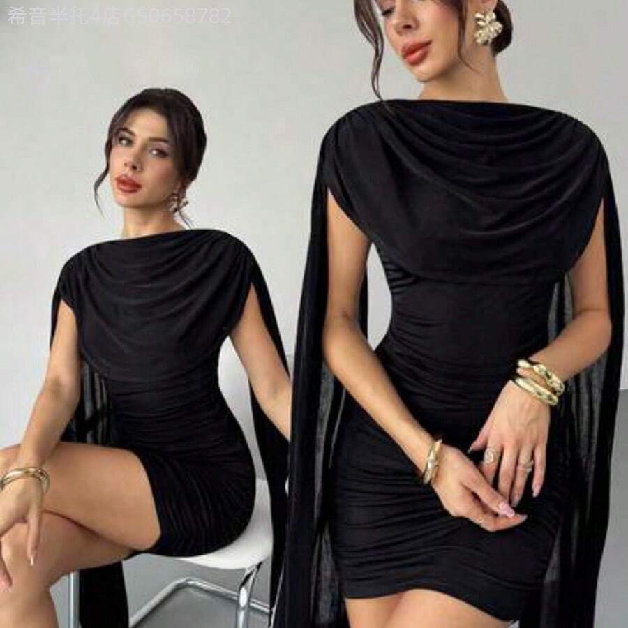 Fengyu Women's Clothing Store Vestido elegante y casual con cinta fluida y delgada, vestido de festival/vestidos elegantes para fiesta/atuendos de Acción de Gracias para mujeres/vestido de Año Nuevo/vestidos de invierno para mujeres/ropa de otoño/vestido de Año Nuevo/vestido de fiesta/falda negra/vestido negro - Negro - Ver 1