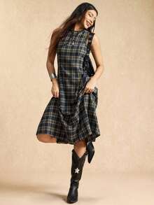 AYYEaselle Vestido de cuadros sin mangas con recogido en la cintura y silueta evasé para mujer, vestido de cuadros a media pierna, vestido de cuadros para mujer, vestidos de estilo francés para mujer, vestidos para mujer ElenzgaAYY - Multicolor 2 - Ver 6