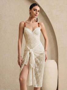 Swim Oasis 2 piezas/Set Traje de baño de una pieza con escote en la espalda y tirantes finos sexy para vacaciones de verano + Falda larga tipo pareo de dos piezas, Conjunto de dos piezas de ganchillo, Conjunto de dos piezas marrón, Conjunto de dos piezas para mujer, Conjunto de bikini y pareo para mujer marrón, Falda formal marrón para invitada de boda, Falda rosa dorado para mujer, Falda de tonos tierra para mujer, Falda bronce para mujer - Albaricoque - Ver 2