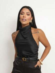 Women's Satin Blouse With High Neck And Open Back, Elegant For Parties - màu đen - Xem 2