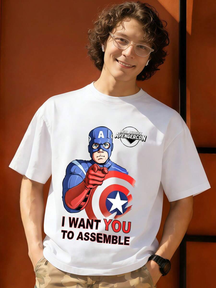 Pointing Shield  
I Want You To Assemble  
Avengers Con Logo Graphic T Shirt 100 Percent Cotton Men T Shirt MARVEL  Marvel Universe  Superhero Men Summer Clothes Men Clothes Mens Tops Streetwear Mens Gift Ideas Innerwear Or Outfits,Mens Fashion - White - View 1