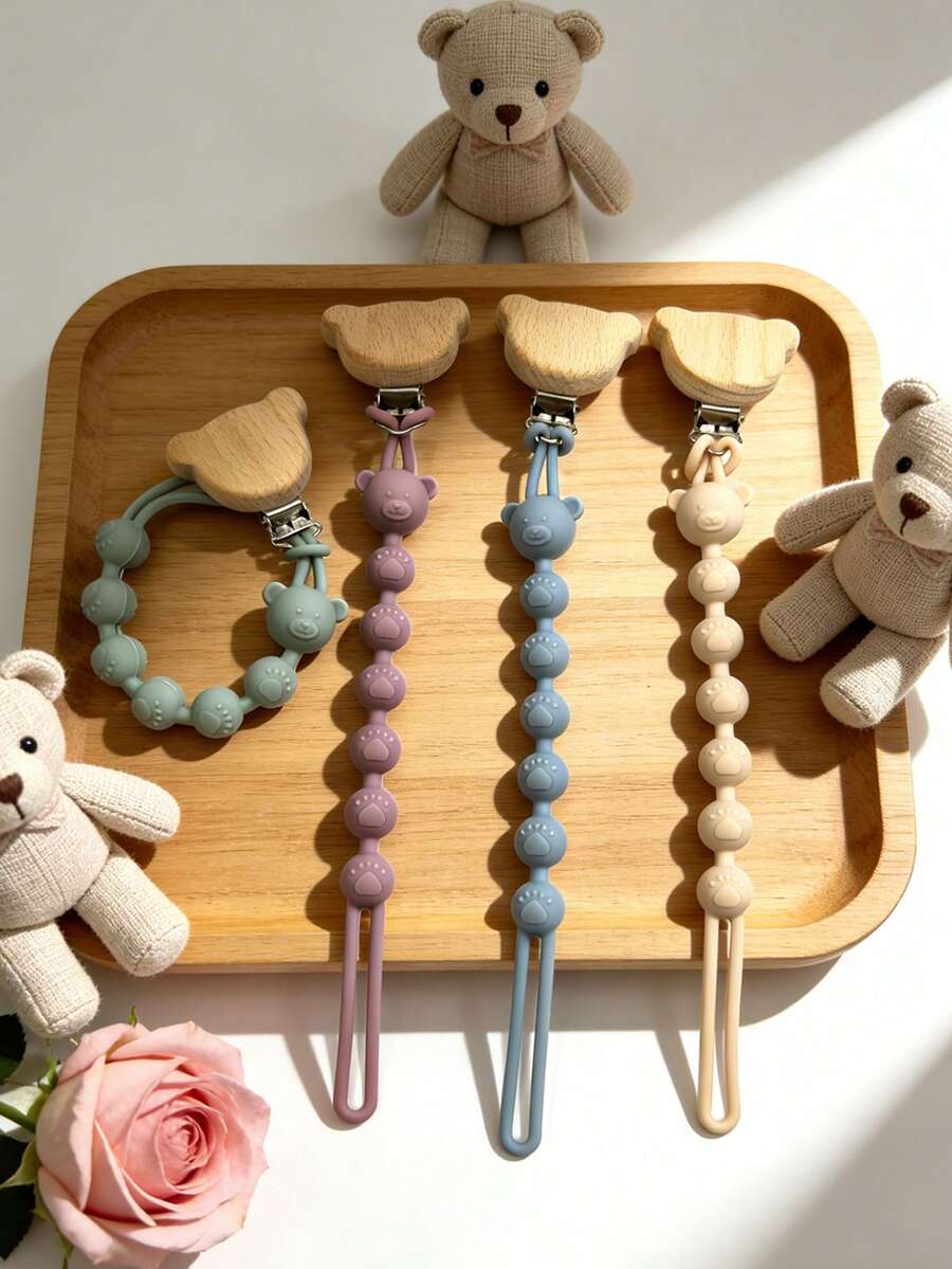 Infant Silicone Pacifier Chain, Pacifier Clip, Anti-Drop Chain, Bear Head Clip Style, Bear Integrated Pacifier Chain - Multicolor - View 1