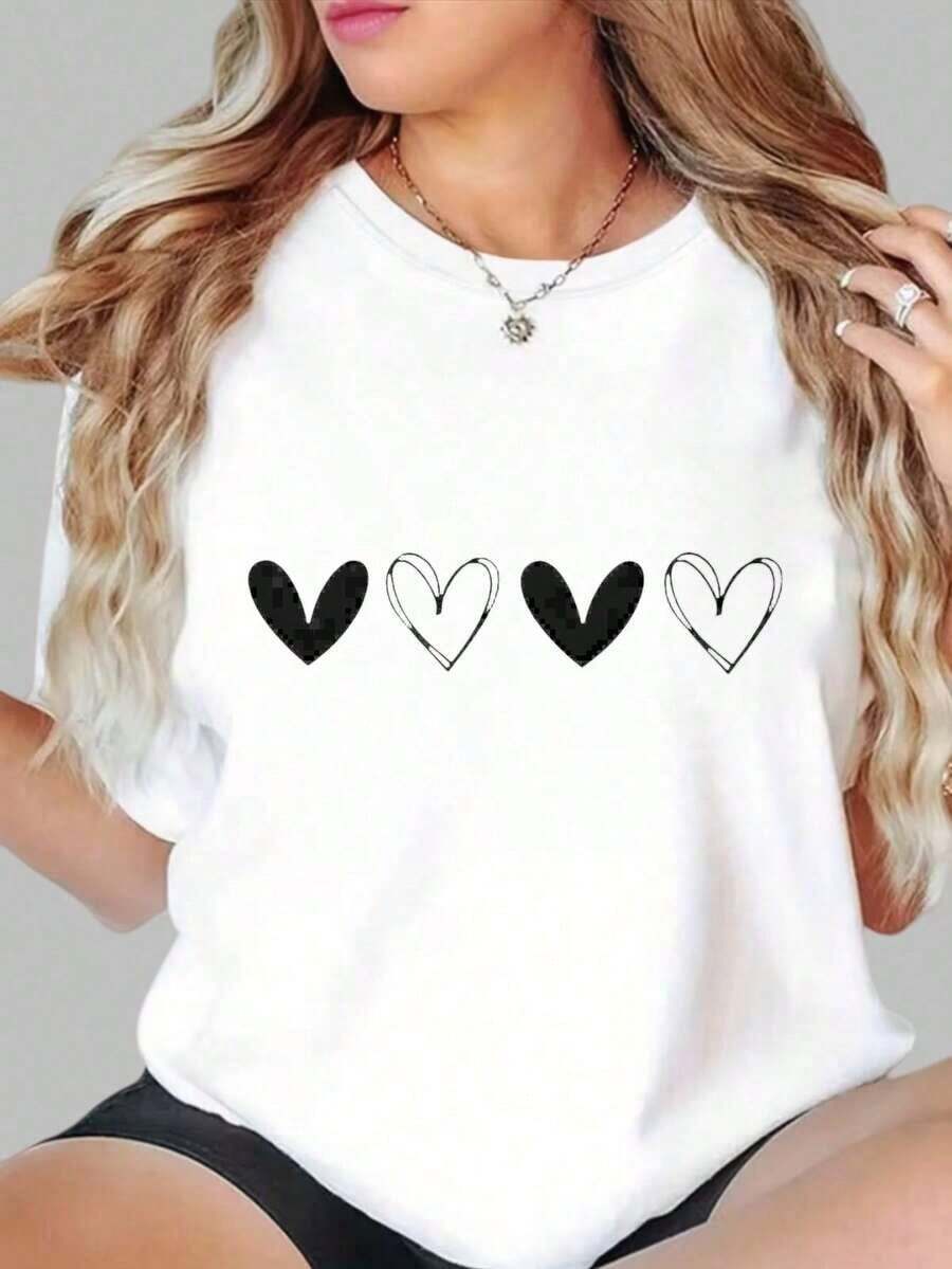 2026 Men's Trousers White T-Shirt With Heart Graphic Print, Casual Loose Fit, Women's Top, 220g, Men's Shirts - 白色 - 查看 1