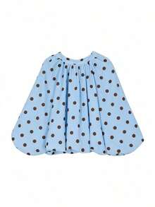 Blusa elegante y casual de lunares para mujer - Cuello con lazo, mangas farol, corte holgado, diseño con volantes para vacaciones - Azul - Ver 9