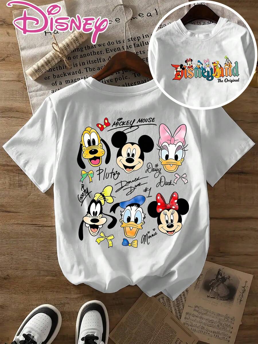 Disney Licensed, Best-Selling Women's Print: Minnie Mouse Head, Diamond Sparkle, Bow, Fashionable And Cute Printed Short-Sleeved Crew Neck T-Shirt. Crew Neck, Casual, Comfortable, Stylish, And Versatile, Suitable For Spring, Summer, And Autumn. Optimistic Design, Elastic Fabric. - trắng - Xem 1