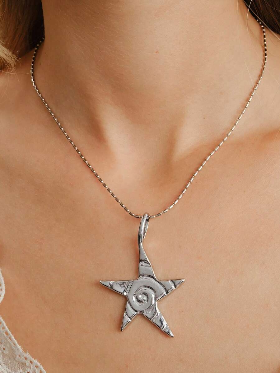 Nocturel 1pc Fashionable Retro Technology Feeling Starfish Pentagram Pendant Silver-Colored Necklace Sweater Chain - Silver - View 1