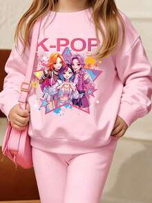 Young Girl Round Neck Cartoon Print Long Sleeve Sweatshirt And Flared Long Pants Casual Daily Set - Pink - View 4