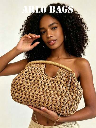 Bolso de tote tejido de paja natural bohemio, ligero y transpirable para mujeres con asa de anillo de madera y cadena desmontable, perfecto para el verano, ideal para la playa, las vacaciones y las reuniones casuales