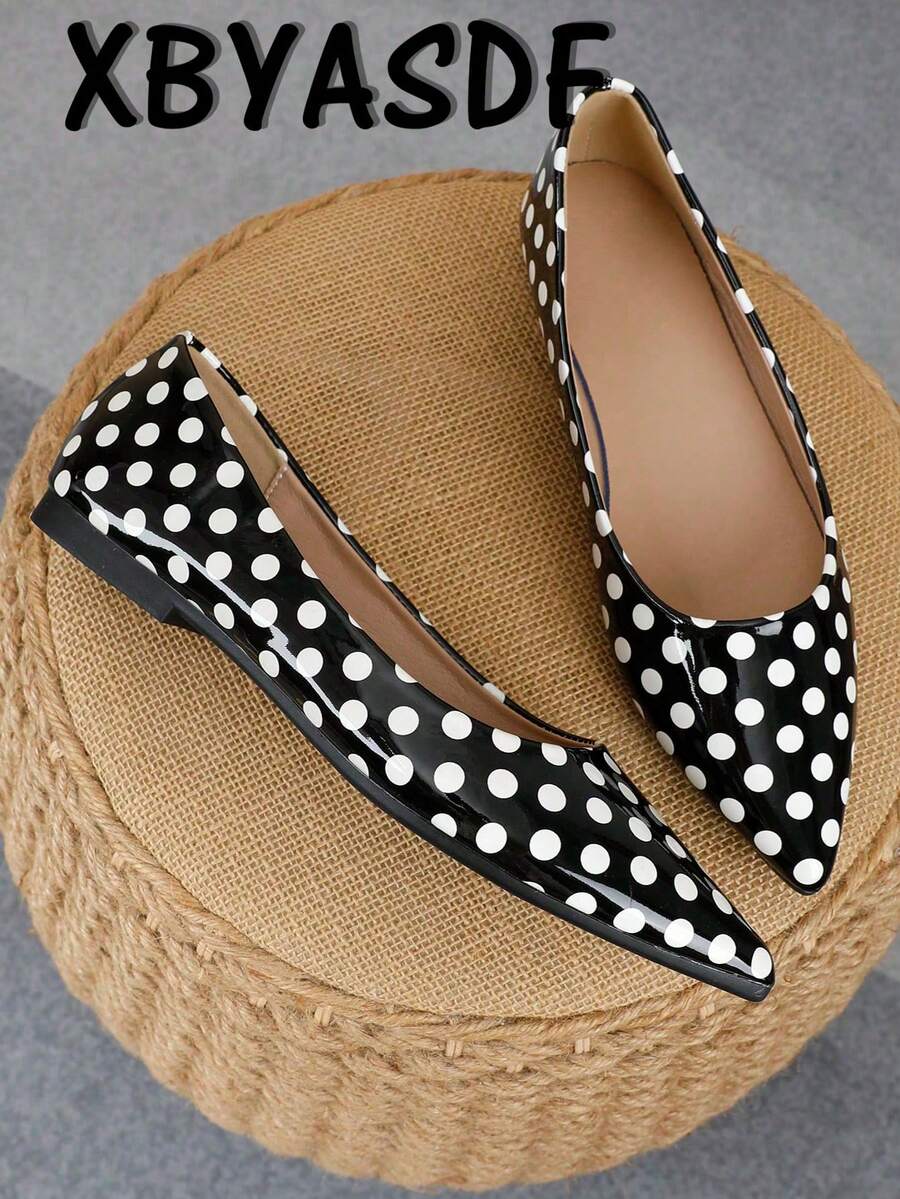 XBYASDF 2026 New Women's Pointed Toe Flat Shoes, Black & White Polka Dot Slip-On Ballet Shoes, Comfortable Elegant Commuter Shoes - Black - View 1