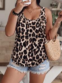 Plus Size Women Leopard Print Round Neck Wide Strap Tank Top, Casual Daily Wear For Spring/Summer - Multicolor - View 6