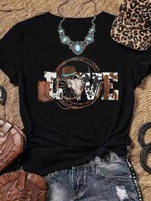 Women's Casual Denim-Style T-Shirt With LOVE Letter Print And Western Elements, Soft Fabric, Loose Fit, Round Neck, Short Sleeves For Spring/Summer Outdoor Parties. Unisex (Retro Style, Fresh And Fresh, Regardless Of Gender) - 黑色 - 查看 7