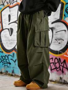 Men's Loose Cargo Pants, Large Pocket Design, Casual Daily Wear Trousers - Army Green - View 1
