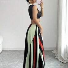Yunuo Menswear  Vestido de mujer de manga corta sin mangas con hebilla redonda de contraste de color geométrico negro y verde, decoración de cintura hueca + vestido largo hasta el tobillo de línea A, elegante moda francesa de vacaciones y citas, nuevo vestido de verano sexy - Multicolor - Ver 3