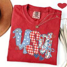 Coquette USA Letter T Shirt Bows Floral Star Gingham Graphic Tee July 4th Independence Day Patriotic Oversized Loose Short Sleeve Tops For Women - 紅色 - 查看 1