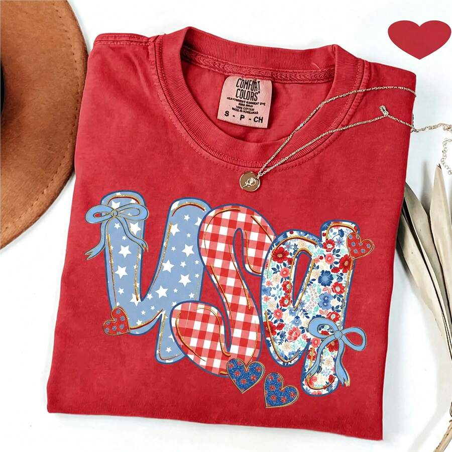 Coquette USA Letter T Shirt Bows Floral Star Gingham Graphic Tee July 4th Independence Day Patriotic Oversized Loose Short Sleeve Tops For Women - 紅色 - 查看 1