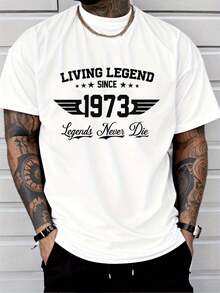 Men's Classic Crew Neck T-Shirt, Summer Casual Fashion, Urban Style, "Living Since 1973" Print With Wings, Stars And "Legends Never Die" Lettering, Adult Casual Clothing - 白色 - 查看 5
