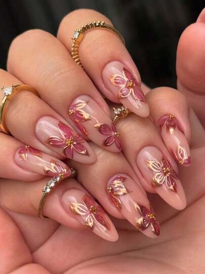 24pcs/Box Almond-Shaped Wearable Nail Stickers, 3D Golden Floral Nail Art Decals, Fashionable Elegant Nail Patches Suitable For Parties, Gatherings, Daily Wear