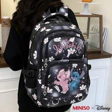 Ba lô MINISO X Disney Stitch & Angel "Just Shake It" họa tiết hoa anh đào đen, cặp sách dễ thương dành cho bé gái và thiếu niên. - đen - Xem 2