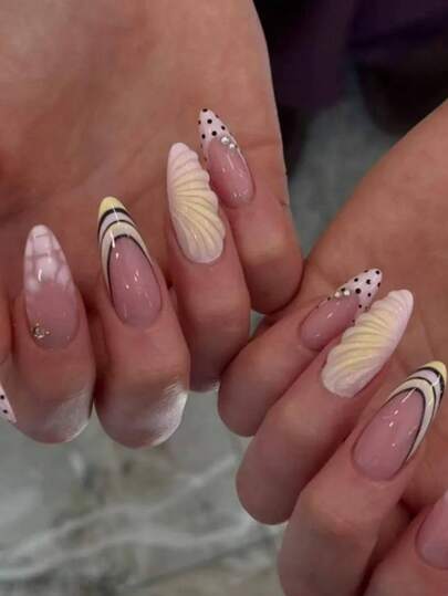 24Pcs Almond Press On Nails, Summer Beach Ocean Style 3D Flower Starfish Shell Fake Nails, Gradient Nude Blue Glossy False Nails Kit For Women