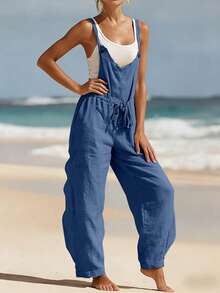 Women's Summer Jumpsuit, Spring/Summer Ladies' Romper, Suitable For Vacation/Casual/Home/Daily Wear, Solid Color Button Waist Drawstring Design Ladies' Bib Pants, Women's Vacation Outfit - Blue - View 5