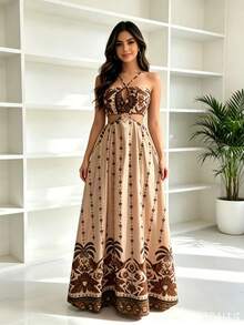 #MaxiDress #BohoStyle #VacationOutfit #BlueFloralDress #BeachDress #ViralDress #SummerFashion #BlueDress #TropicalStyle Long Dress With 3D Multicolor Print, New Model - 卡其色 - 查看 2