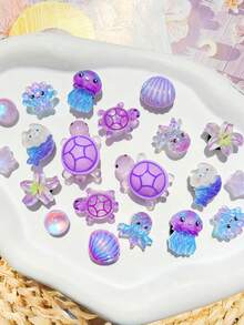 20件紫色海洋系列鞋飾（章魚、水母、海龜、貝殼、魚、星星），適用於穿孔拖鞋DIY裝飾配件，完美禮物選擇 - 紫色 - 查看 3
