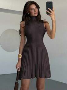 AYYAloruh Vestido de punto acanalado de línea A sin mangas con cuello mínimo para mujerAYY - Café integral 2 - Ver 7